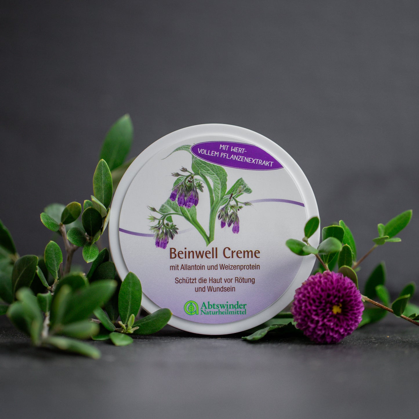 Beinwell Creme auf dunklem Hintergrund mit violeter Blume und grünblättrigen Zweigen.