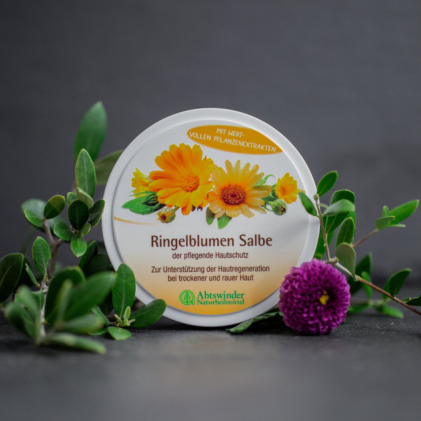 Ringelblumen Salbe mit lila Blüte und grünblättrigem Zweig auf dunklem Untergrund