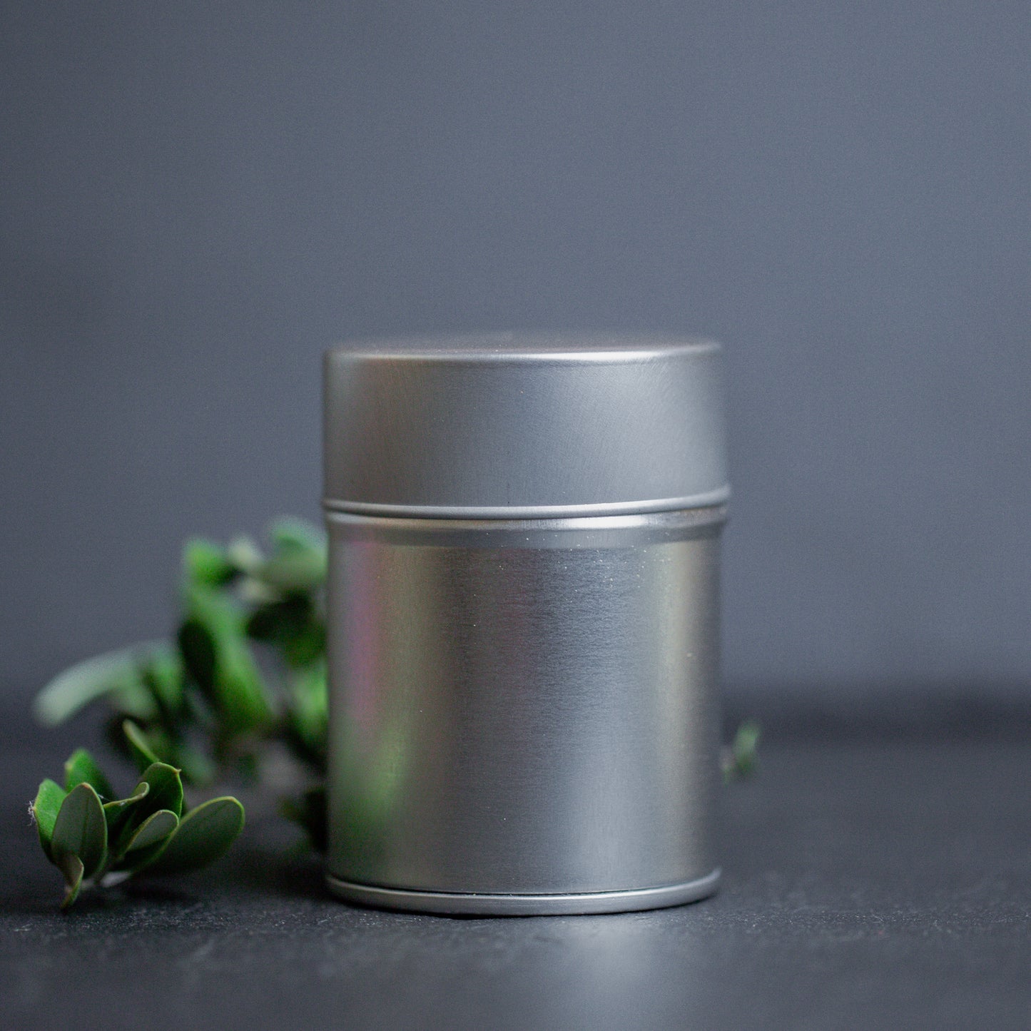 Gewüzstreuer Weißblech auf dunklem Untergrund mit grünblättrigem Zweig