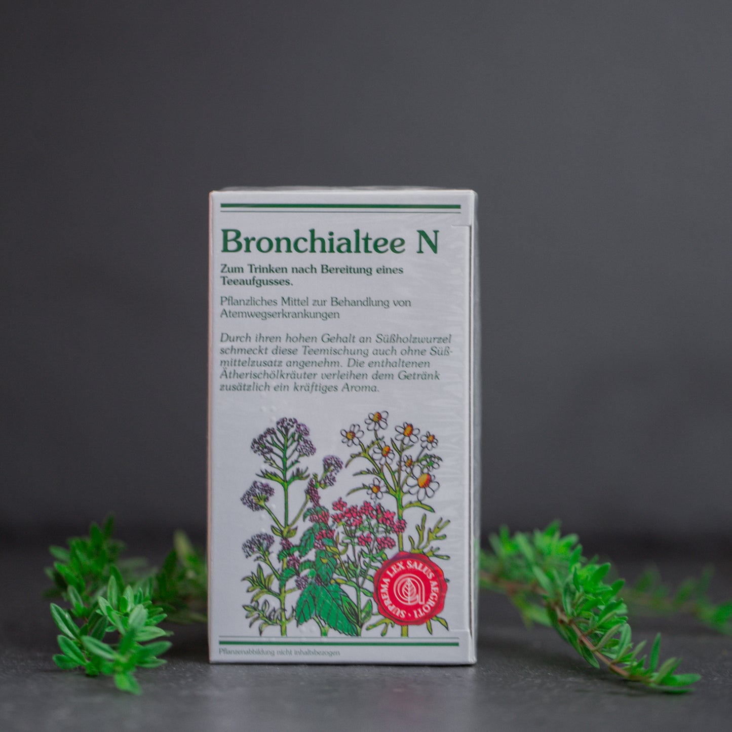 Bronchialtee auf dunklem Hintergrund mit grünblättrigen Zweigen