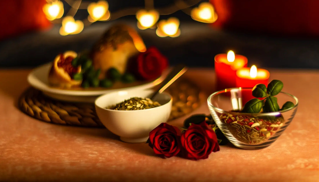 Essen und Gewürze auf einem Tisch symbolisch für "Liebe geht durch den Magen"