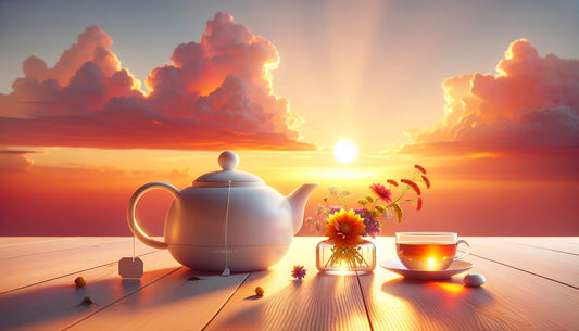 Teekanne mit Teeglas und Blume im Sonnenaufgang